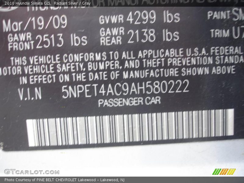 Radiant Silver / Gray 2010 Hyundai Sonata GLS