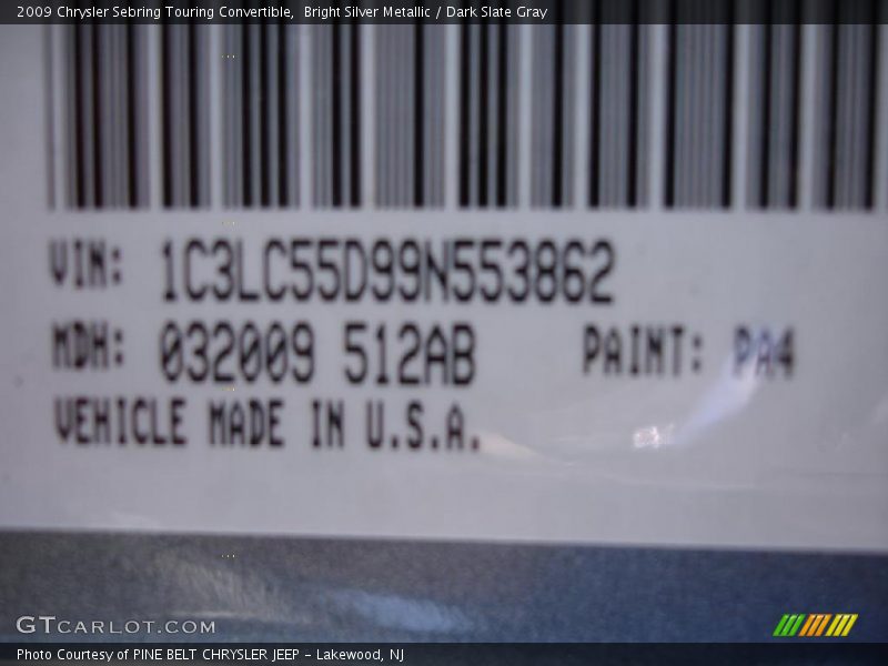 Bright Silver Metallic / Dark Slate Gray 2009 Chrysler Sebring Touring Convertible