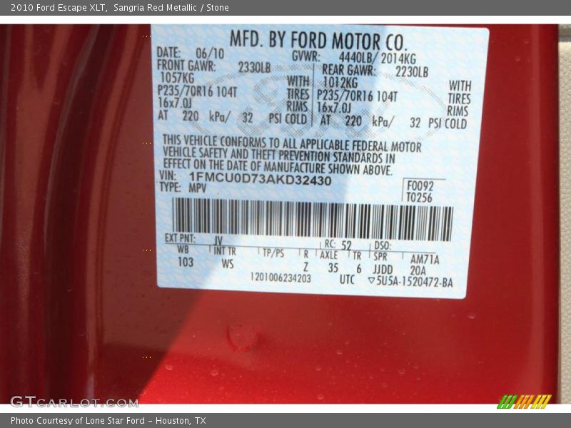 Sangria Red Metallic / Stone 2010 Ford Escape XLT