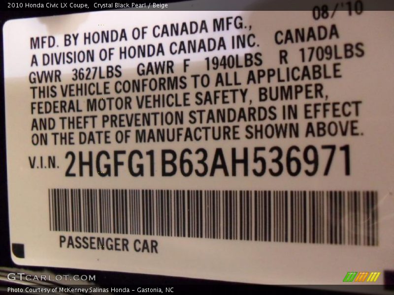 Crystal Black Pearl / Beige 2010 Honda Civic LX Coupe