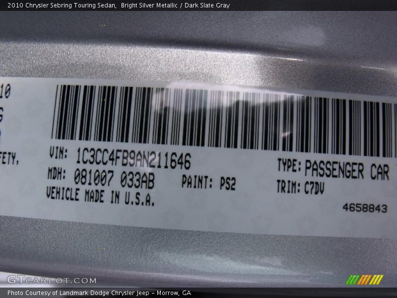 Bright Silver Metallic / Dark Slate Gray 2010 Chrysler Sebring Touring Sedan