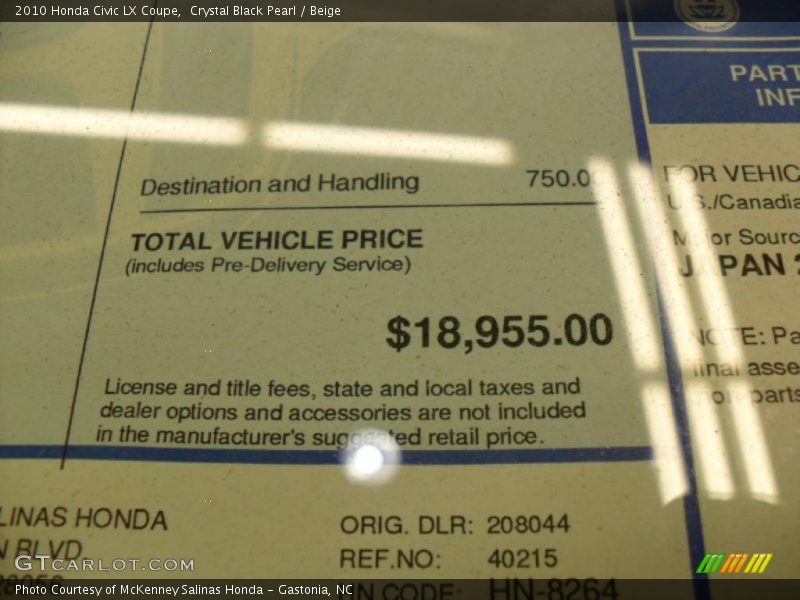 Crystal Black Pearl / Beige 2010 Honda Civic LX Coupe