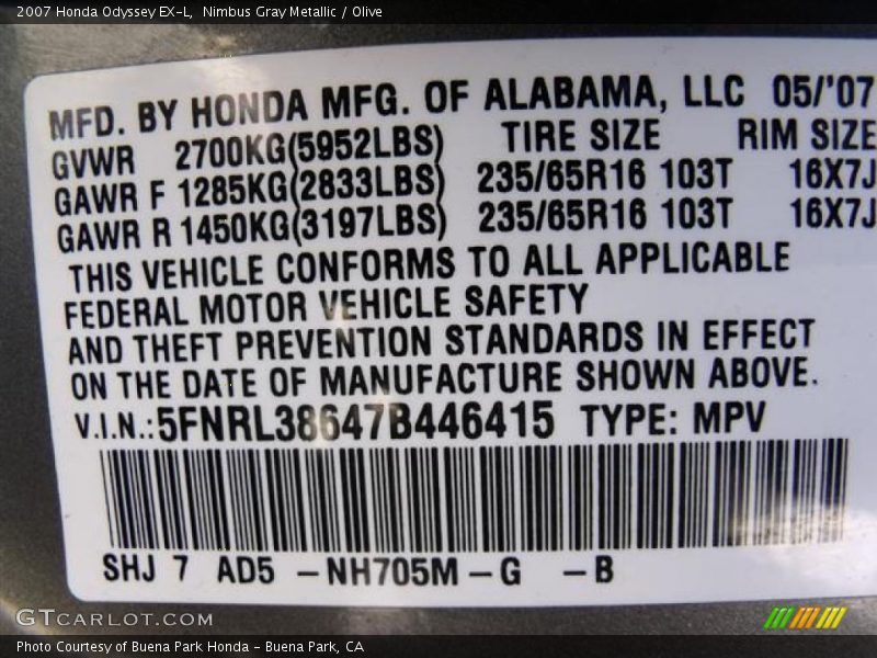 Nimbus Gray Metallic / Olive 2007 Honda Odyssey EX-L