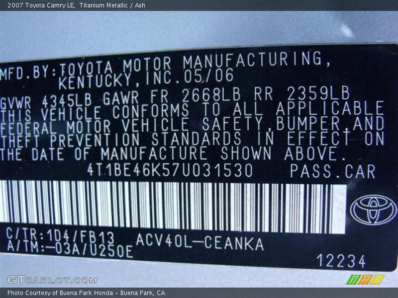Titanium Metallic / Ash 2007 Toyota Camry LE