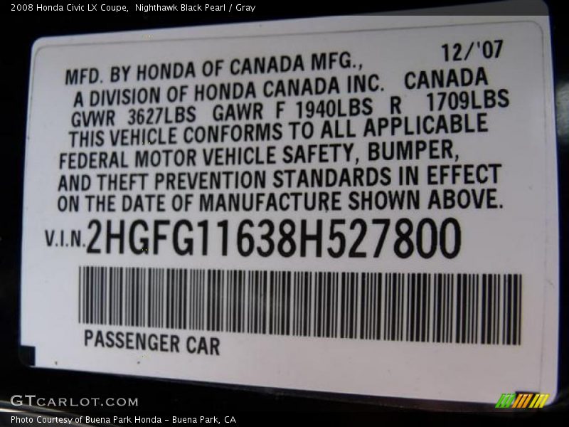 Nighthawk Black Pearl / Gray 2008 Honda Civic LX Coupe