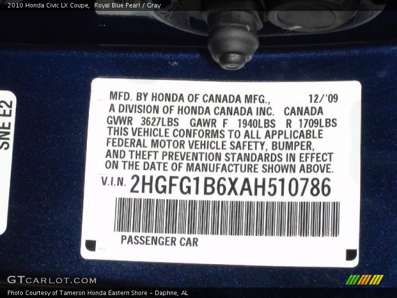 Royal Blue Pearl / Gray 2010 Honda Civic LX Coupe