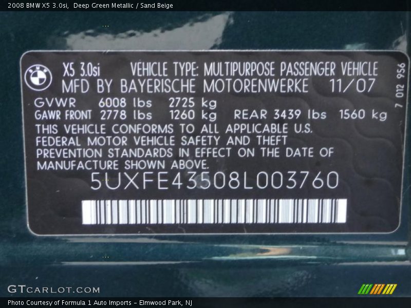 Deep Green Metallic / Sand Beige 2008 BMW X5 3.0si