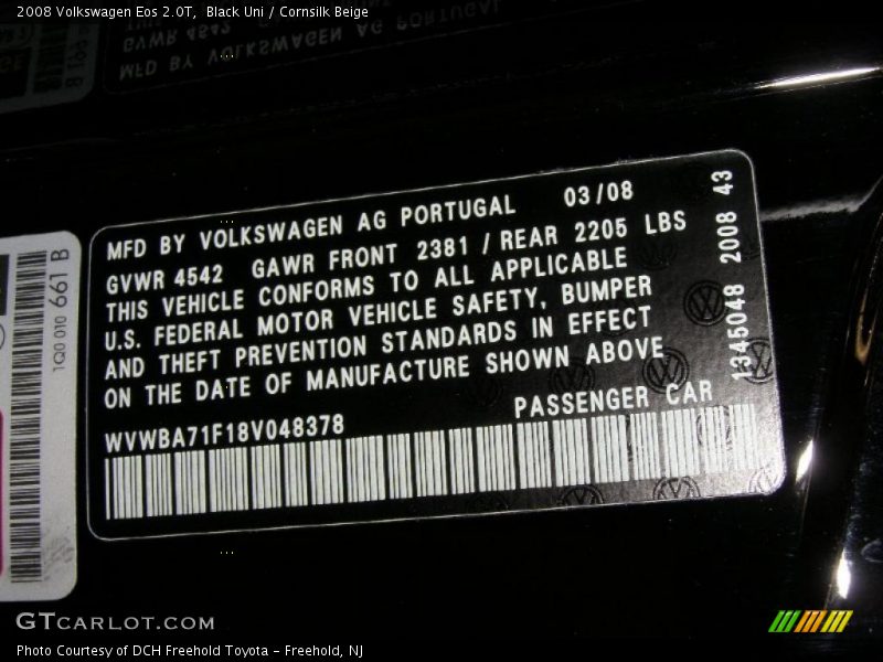 Black Uni / Cornsilk Beige 2008 Volkswagen Eos 2.0T