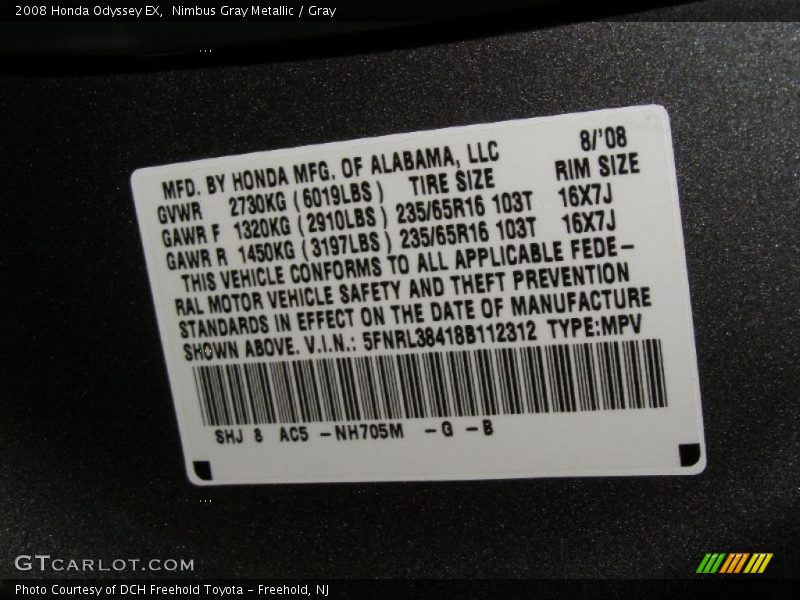 Nimbus Gray Metallic / Gray 2008 Honda Odyssey EX