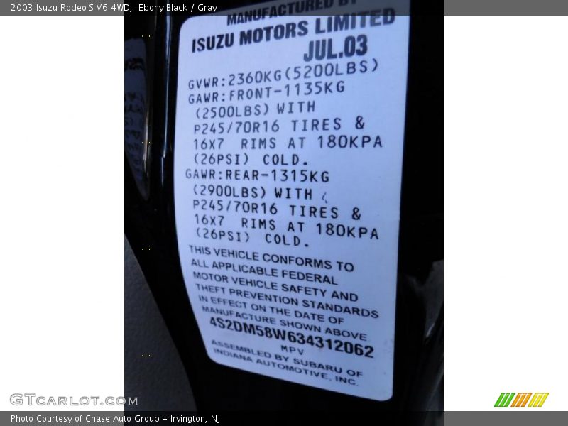 Ebony Black / Gray 2003 Isuzu Rodeo S V6 4WD