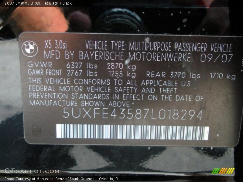 Jet Black / Black 2007 BMW X5 3.0si