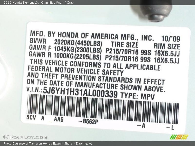 2010 Element LX Omni Blue Pearl Color Code B562P