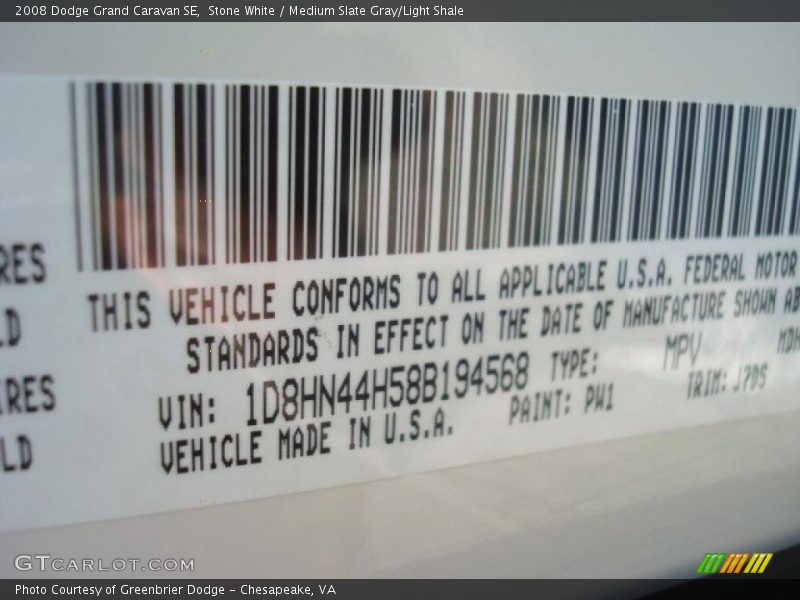 Stone White / Medium Slate Gray/Light Shale 2008 Dodge Grand Caravan SE
