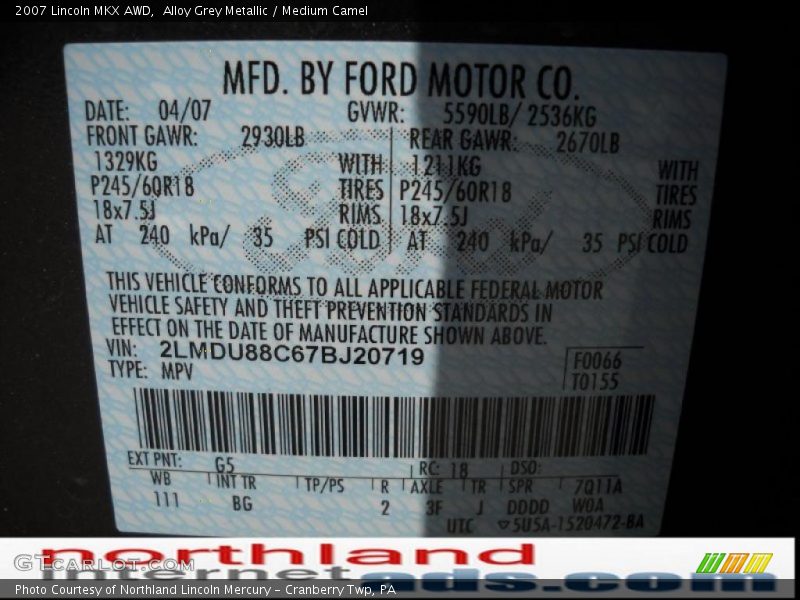 Alloy Grey Metallic / Medium Camel 2007 Lincoln MKX AWD