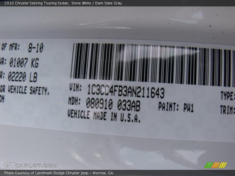 Stone White / Dark Slate Gray 2010 Chrysler Sebring Touring Sedan