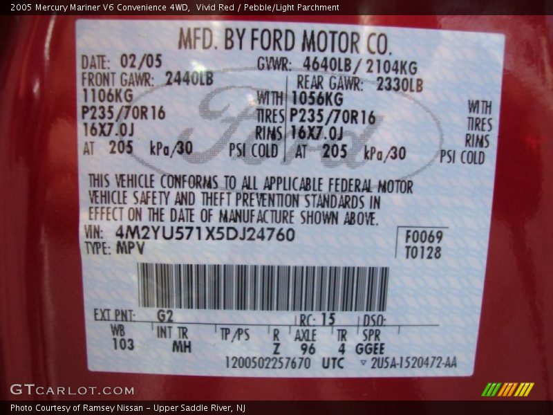 Vivid Red / Pebble/Light Parchment 2005 Mercury Mariner V6 Convenience 4WD