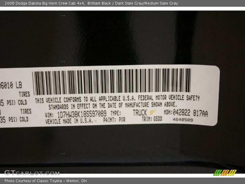 Brilliant Black / Dark Slate Gray/Medium Slate Gray 2008 Dodge Dakota Big Horn Crew Cab 4x4