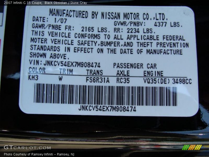 Black Obsidian / Stone Gray 2007 Infiniti G 35 Coupe