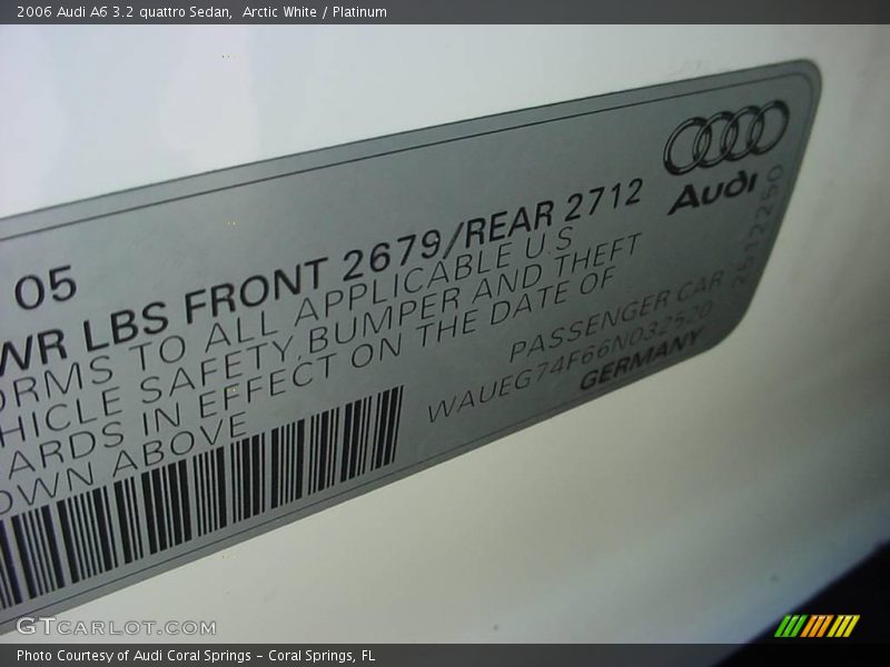 Arctic White / Platinum 2006 Audi A6 3.2 quattro Sedan