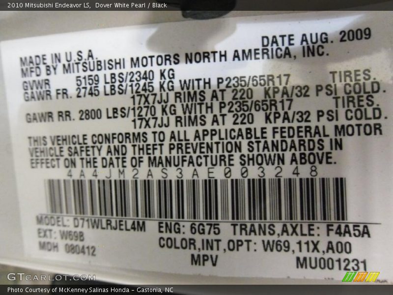 Dover White Pearl / Black 2010 Mitsubishi Endeavor LS