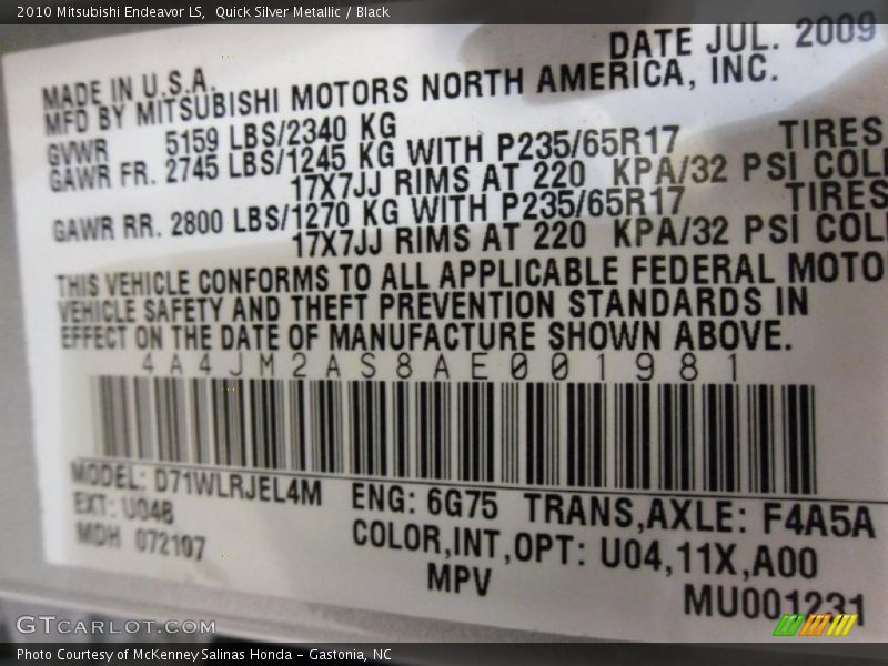 Quick Silver Metallic / Black 2010 Mitsubishi Endeavor LS