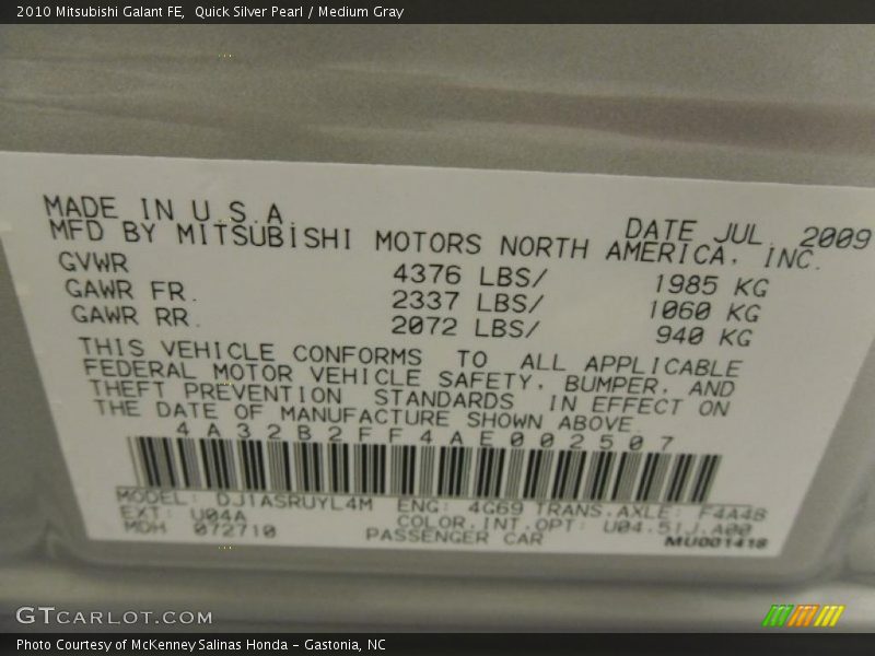 Quick Silver Pearl / Medium Gray 2010 Mitsubishi Galant FE