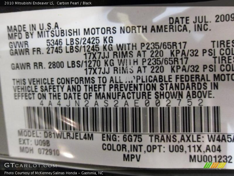 Carbon Pearl / Black 2010 Mitsubishi Endeavor LS