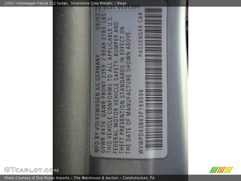 Silverstone Grey Metallic / Beige 2003 Volkswagen Passat GLS Sedan