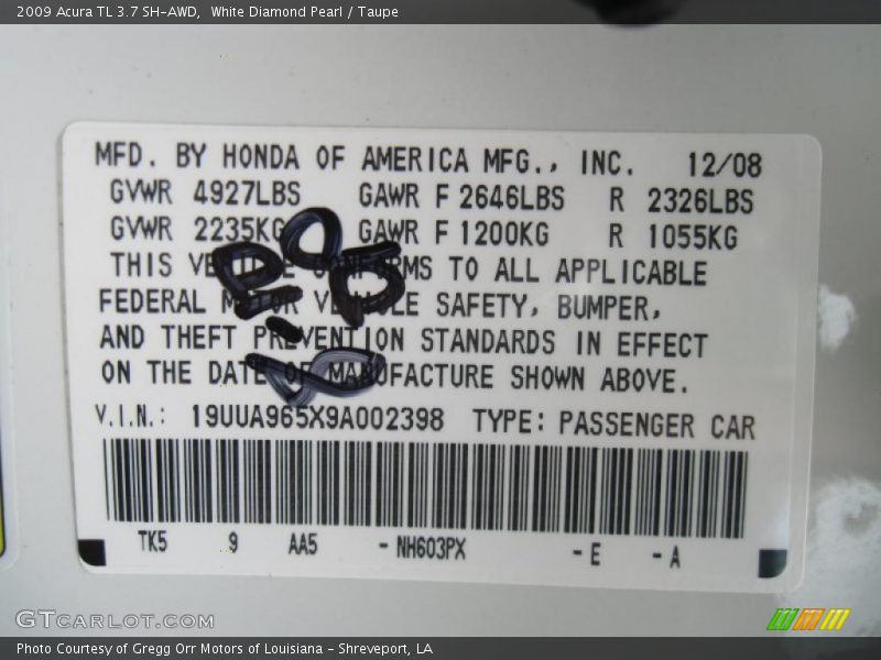 White Diamond Pearl / Taupe 2009 Acura TL 3.7 SH-AWD