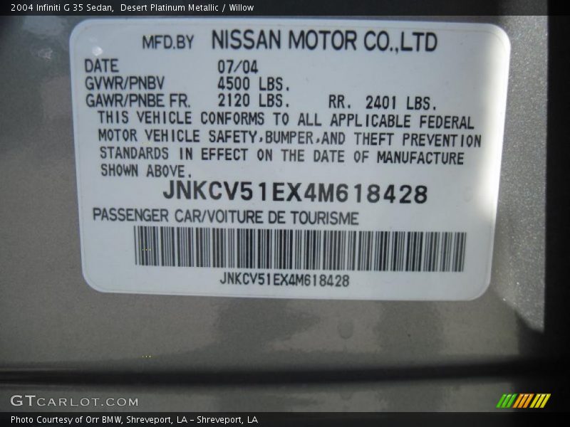 Desert Platinum Metallic / Willow 2004 Infiniti G 35 Sedan
