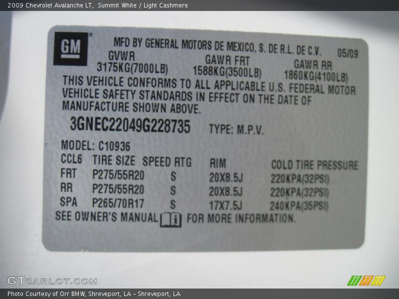 Summit White / Light Cashmere 2009 Chevrolet Avalanche LT