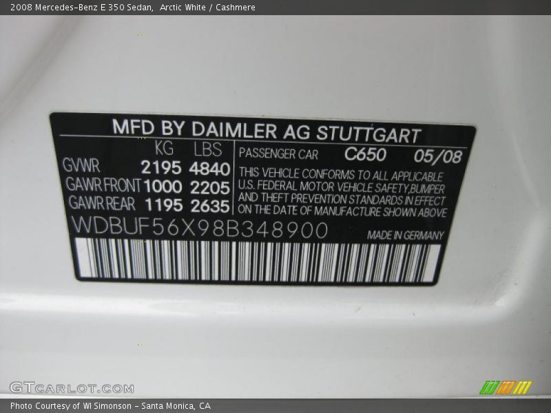 Arctic White / Cashmere 2008 Mercedes-Benz E 350 Sedan