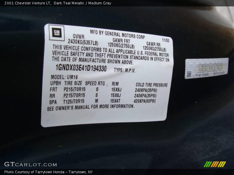 Dark Teal Metallic / Medium Gray 2001 Chevrolet Venture LT