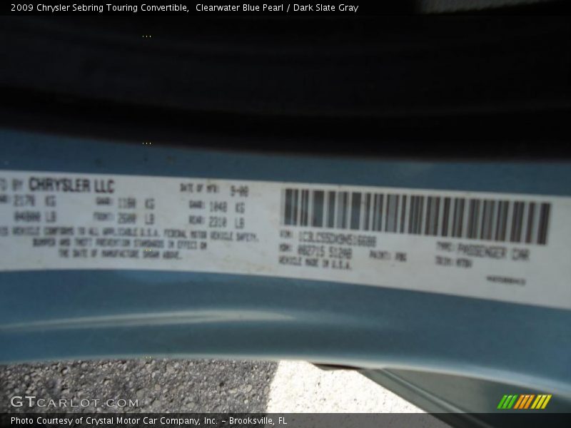 Clearwater Blue Pearl / Dark Slate Gray 2009 Chrysler Sebring Touring Convertible