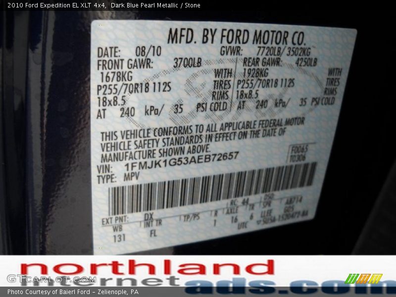 Dark Blue Pearl Metallic / Stone 2010 Ford Expedition EL XLT 4x4