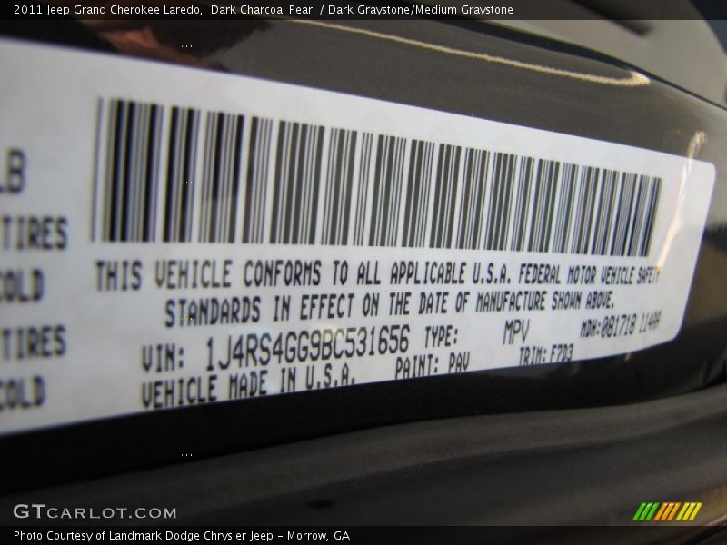 Dark Charcoal Pearl / Dark Graystone/Medium Graystone 2011 Jeep Grand Cherokee Laredo
