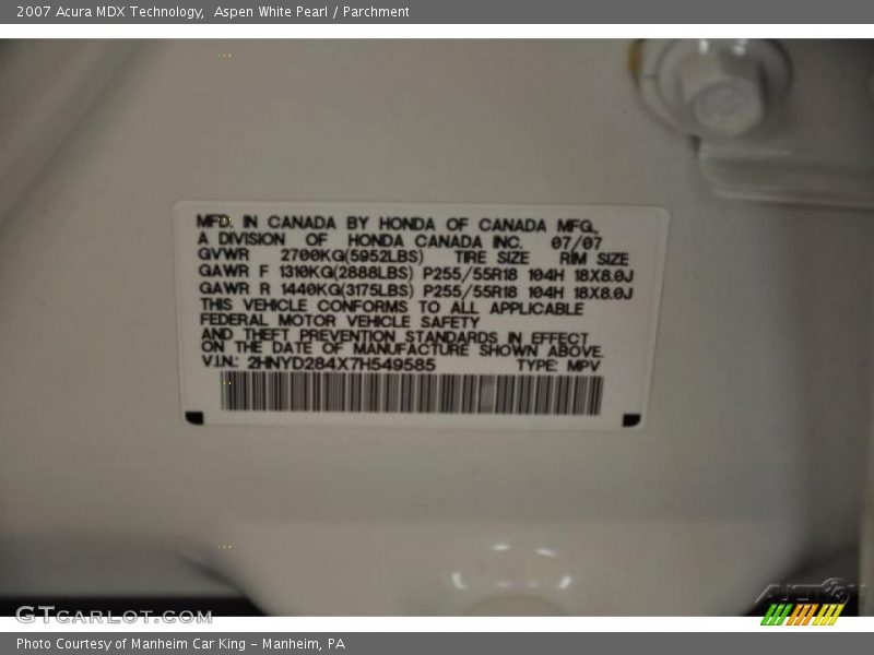 Aspen White Pearl / Parchment 2007 Acura MDX Technology