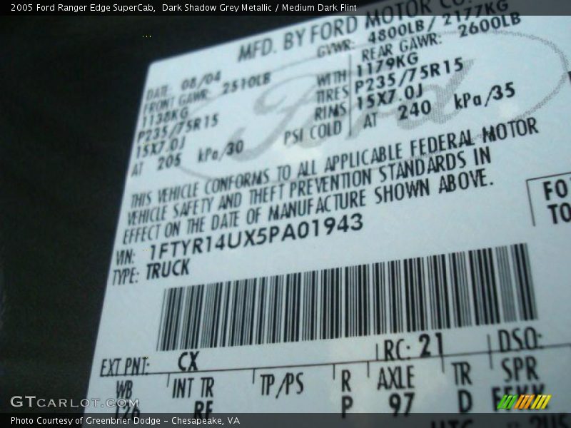 Dark Shadow Grey Metallic / Medium Dark Flint 2005 Ford Ranger Edge SuperCab