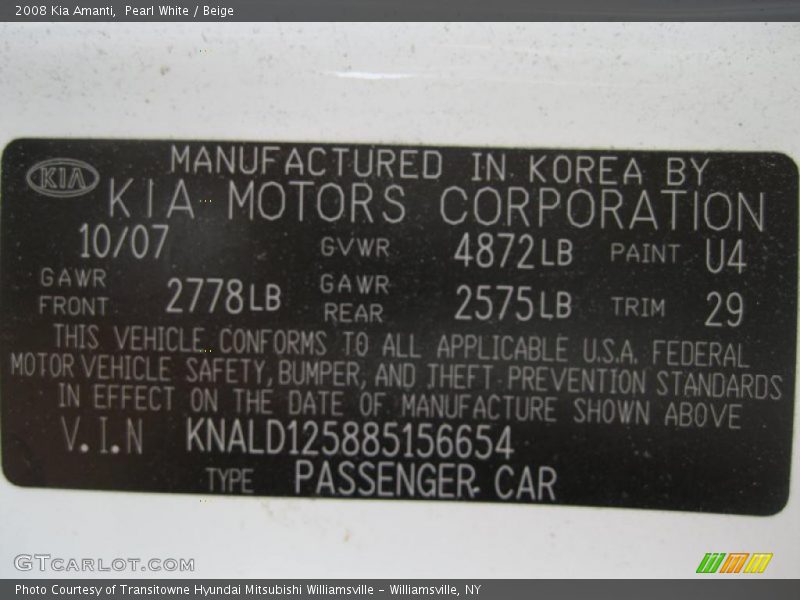Pearl White / Beige 2008 Kia Amanti