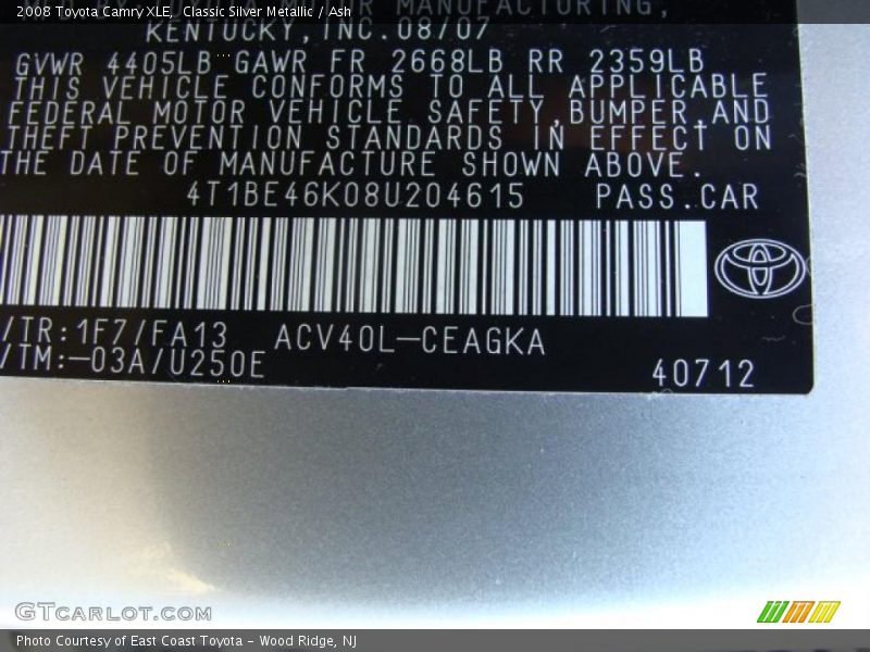 Classic Silver Metallic / Ash 2008 Toyota Camry XLE