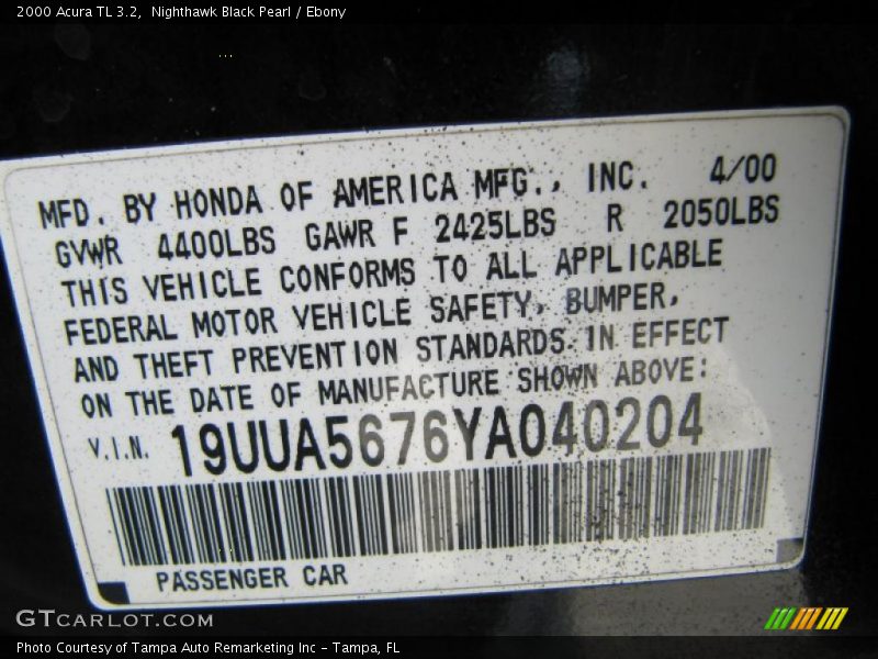 Nighthawk Black Pearl / Ebony 2000 Acura TL 3.2