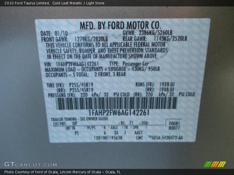 Gold Leaf Metallic / Light Stone 2010 Ford Taurus Limited
