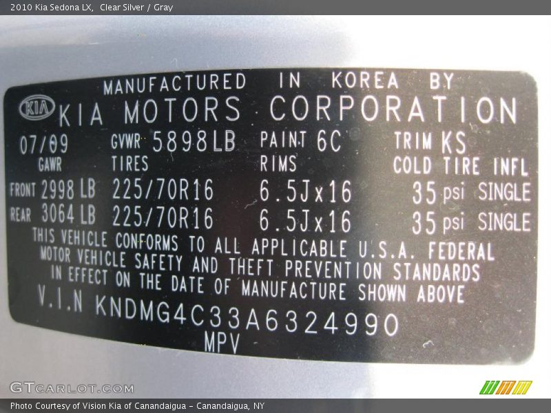 Clear Silver / Gray 2010 Kia Sedona LX
