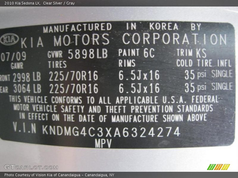 Clear Silver / Gray 2010 Kia Sedona LX