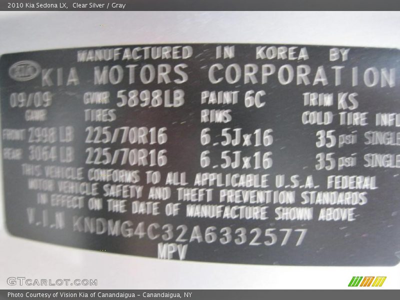 Clear Silver / Gray 2010 Kia Sedona LX