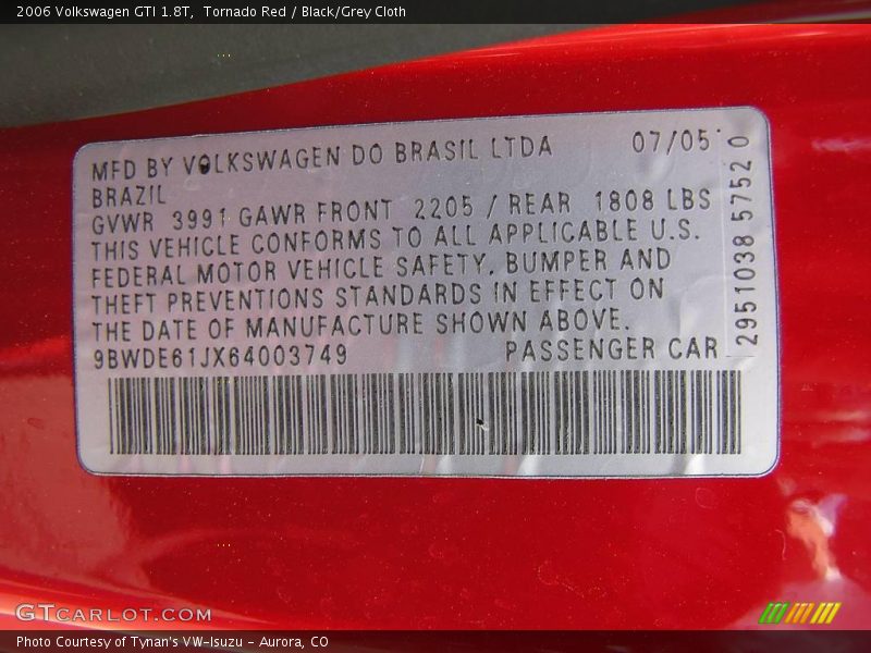Tornado Red / Black/Grey Cloth 2006 Volkswagen GTI 1.8T
