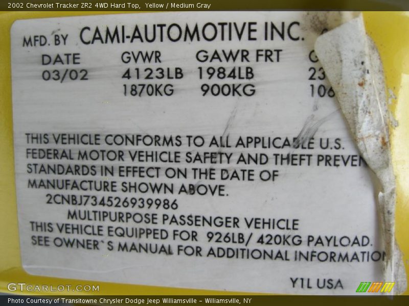 Yellow / Medium Gray 2002 Chevrolet Tracker ZR2 4WD Hard Top