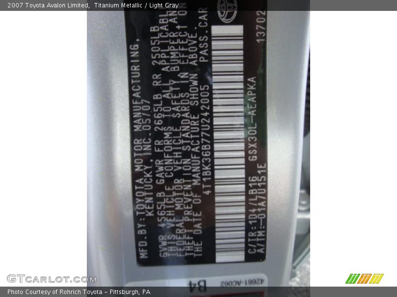 Titanium Metallic / Light Gray 2007 Toyota Avalon Limited