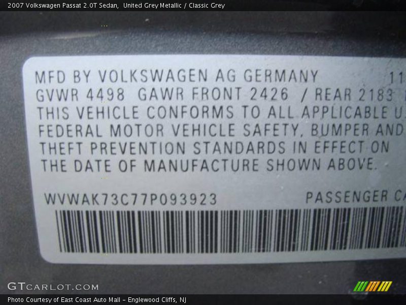 United Grey Metallic / Classic Grey 2007 Volkswagen Passat 2.0T Sedan
