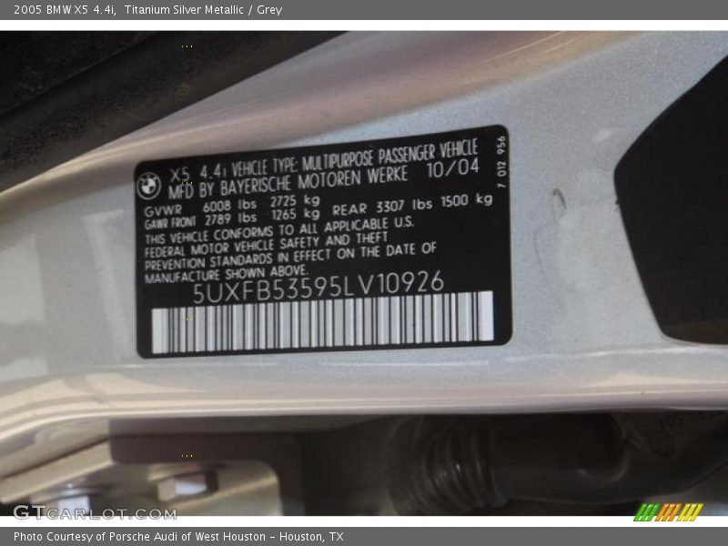 Titanium Silver Metallic / Grey 2005 BMW X5 4.4i